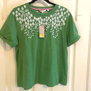 Soft knit green Boden shirt - cream embroidered leaf pattern - new with tags!